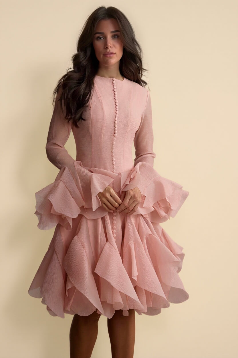 Elegant Pink Ruffle-Trimmed Bell Sleeve Midi Dress