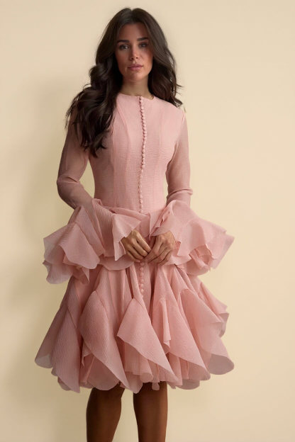 Elegant Pink Ruffle-Trimmed Bell Sleeve Midi Dress