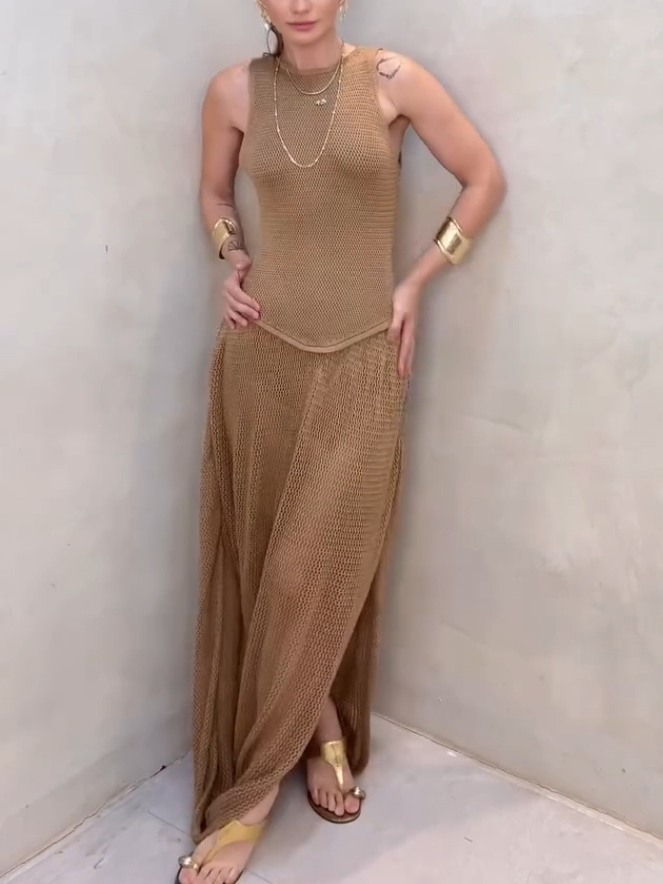 Unique Split-hem Cutout Knit Sleeveless Maxi Dress