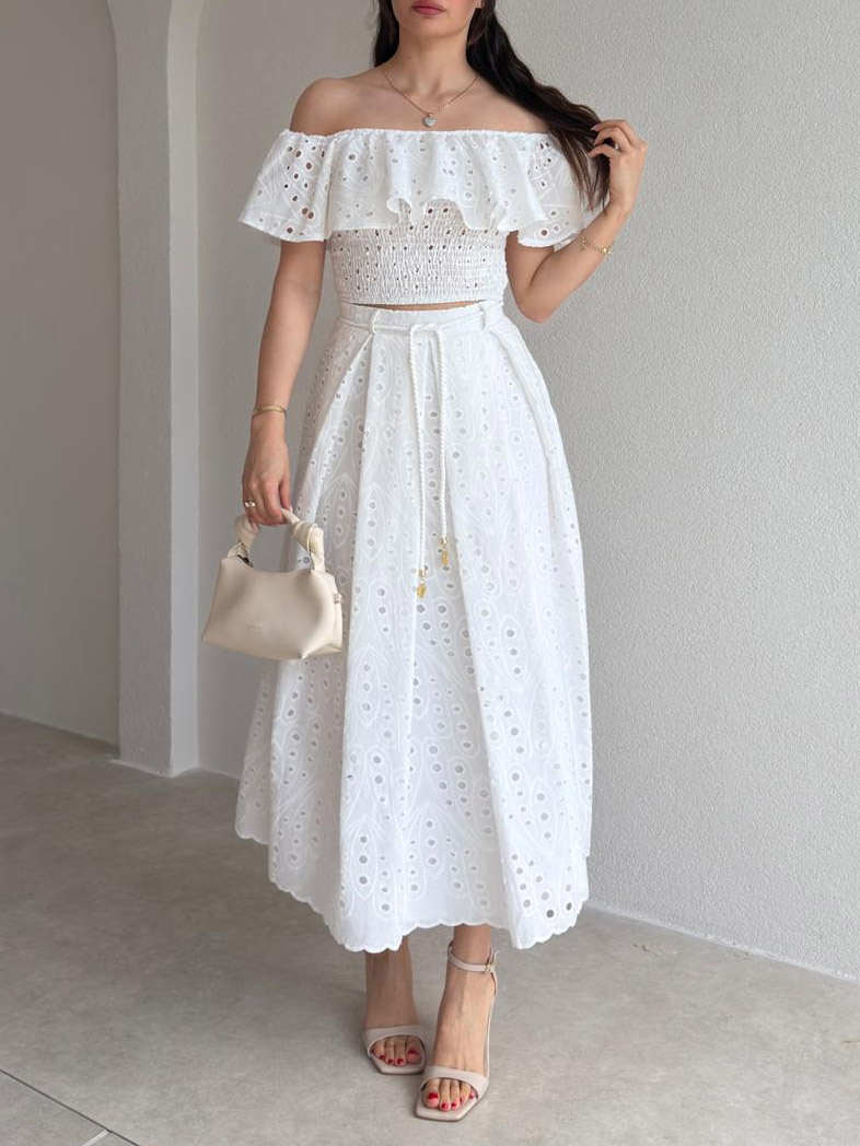 Exquisite Cutout Embroidered Off-Shoulder Ruffle Two-Piece Crop Set