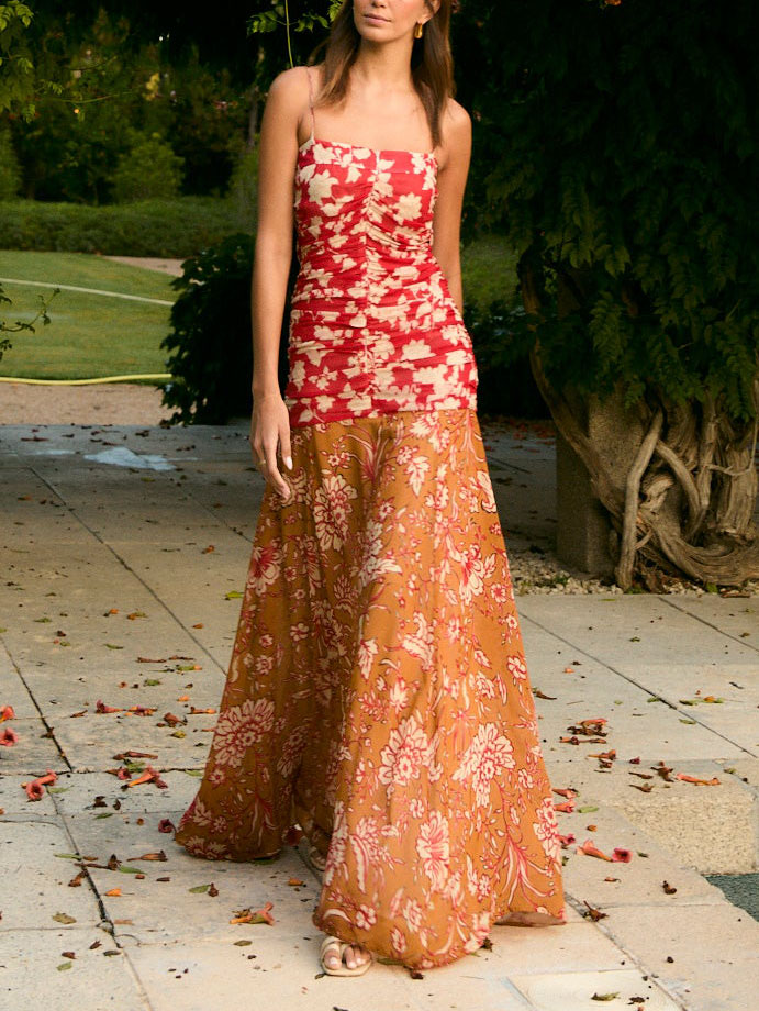 Unique Two-tone Floral Print Pleated Flowy Maxi Dress