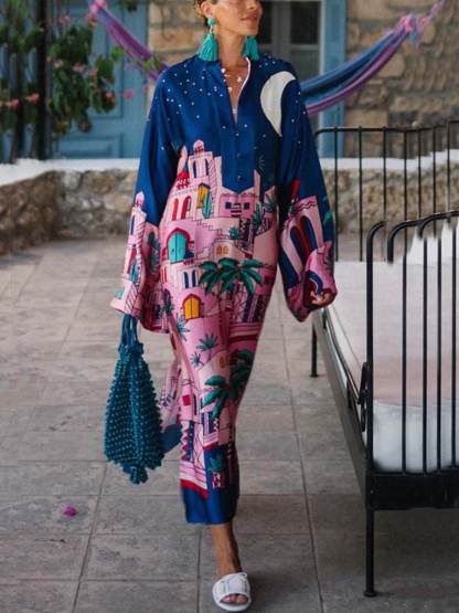 Unique Seaside Satin Print Button Up Long Sleeve Slit Kaftan Midi Dress