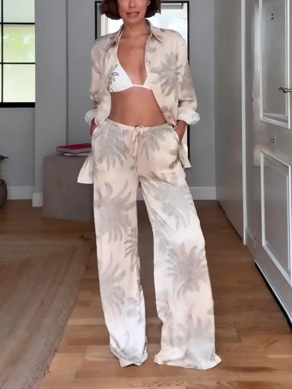 Summer Unique Palm Leaf Print Loose Button-Down Oversized Shirt