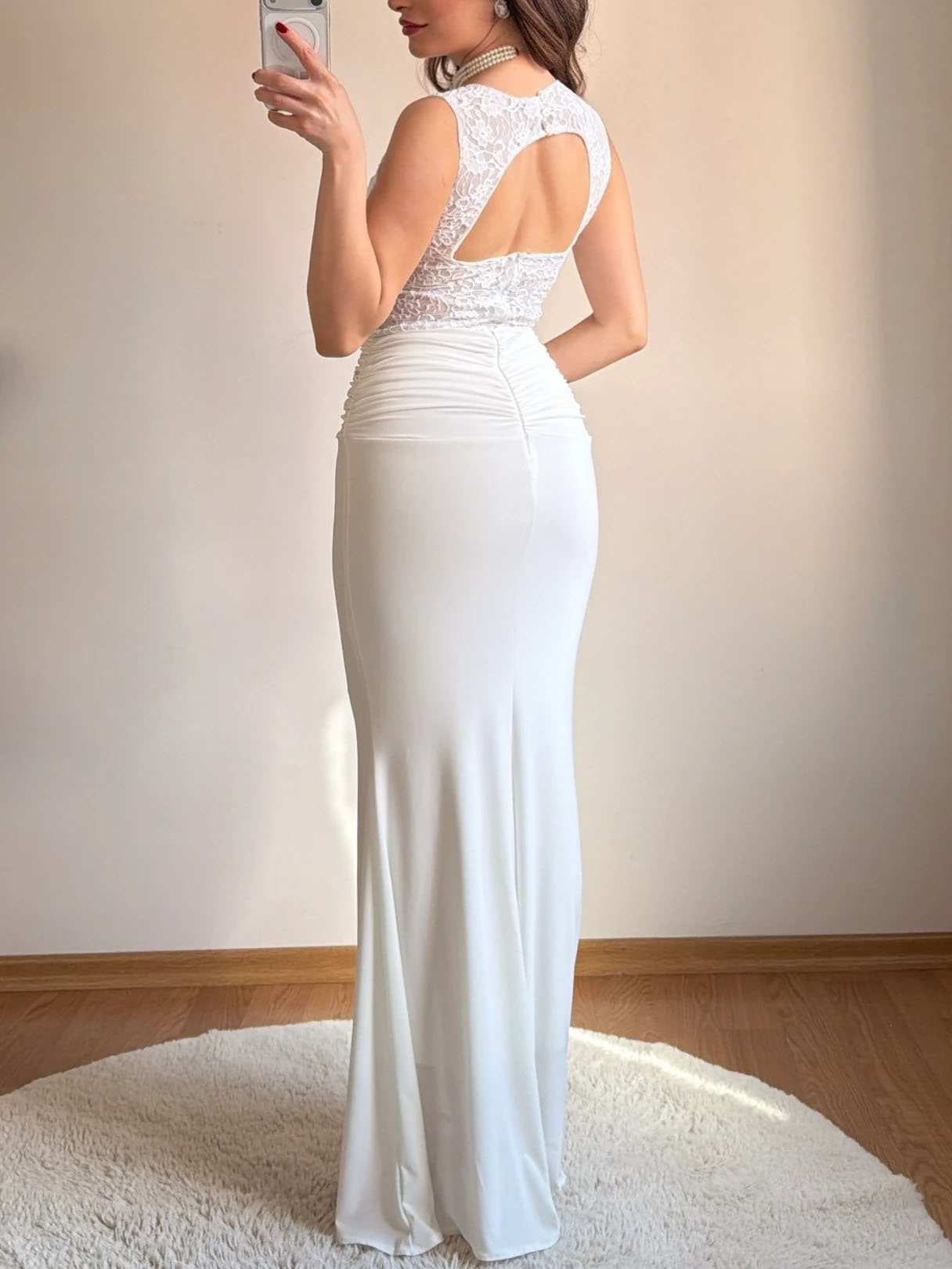 Elegant Lace Bodice Ruched Mermaid Maxi Dress-Likemychoice