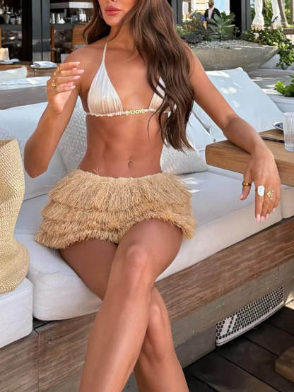 Bohemian Layered Fringe Woven Mini Skirt