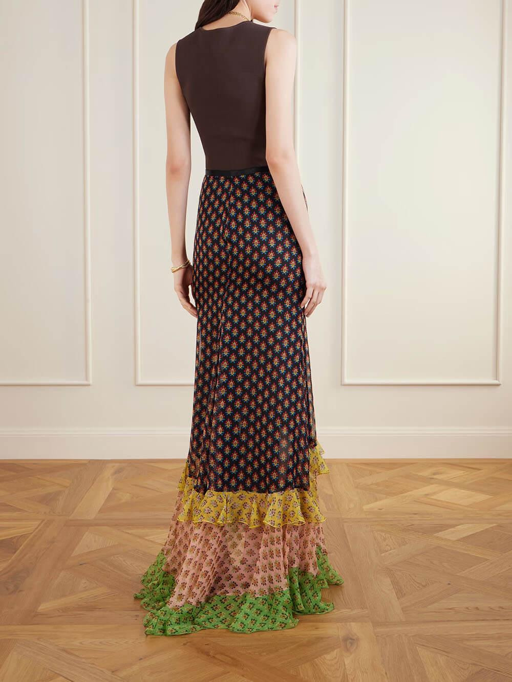 Delicate Ruffled Tiered Printed Chiffon Maxi Skirt