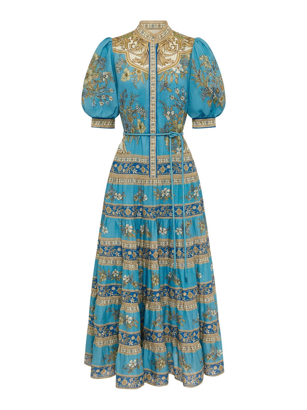 Unique Floral Print Puff Sleeve Tiered Shirt Maxi Dress