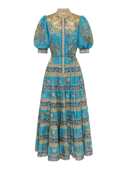 Unique Floral Print Puff Sleeve Tiered Shirt Maxi Dress