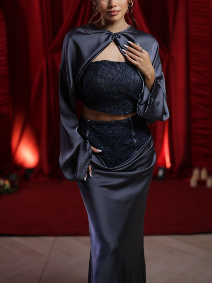 Elegant Lace Panel Satin Maxi Skirt