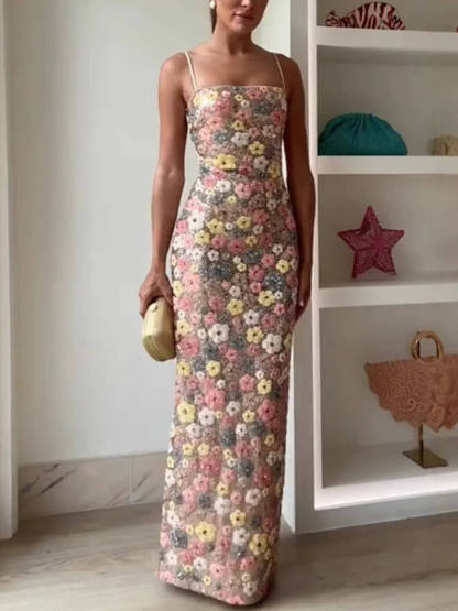 Retro Inspired Floral Print Sequin Square Neck Slip Stretch Maxi Dress