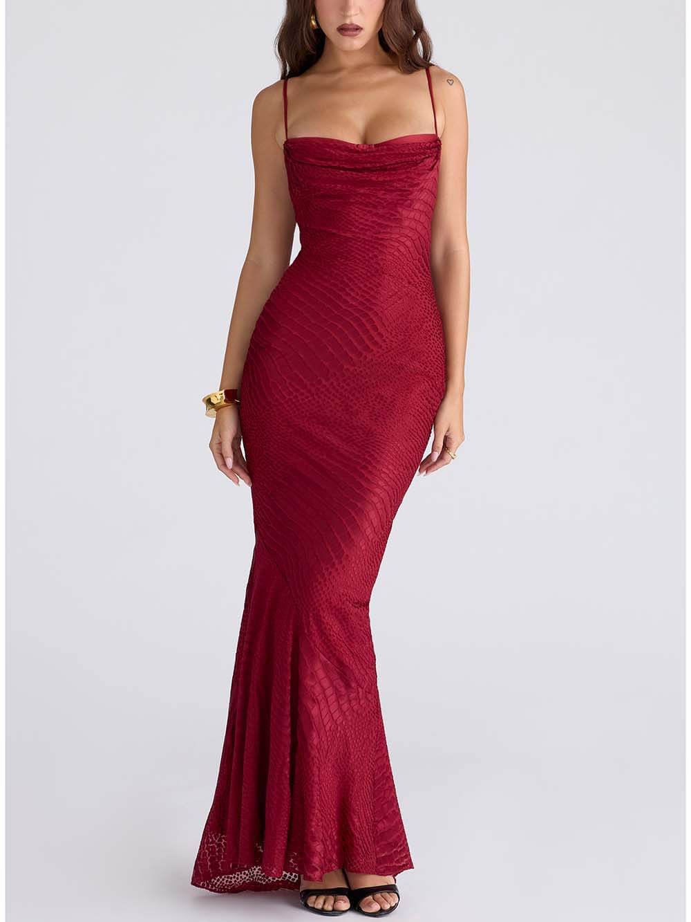 Elegant Low-Neck Burnout Satin Party Maxi Dress