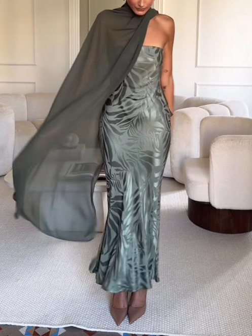 Elegant Satin Jacquard Strapless Maxi Dress