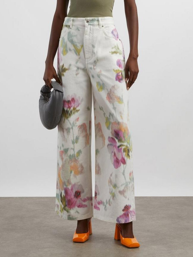 Elegant Neutral Floral Print Button-Down Pants
