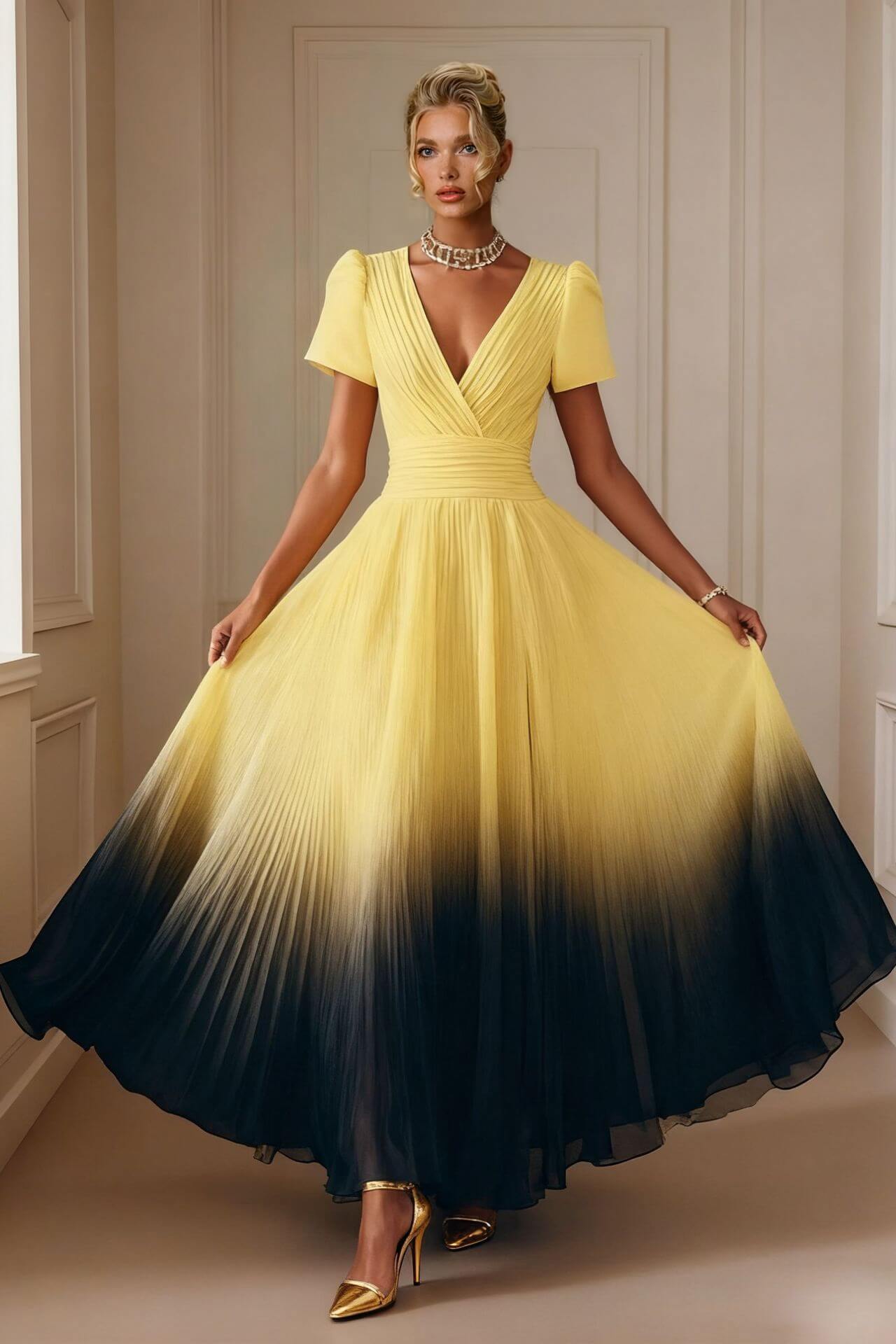 Exquisite Yellow Gradient Tie-Dye Print Flared Slit Maxi Dress