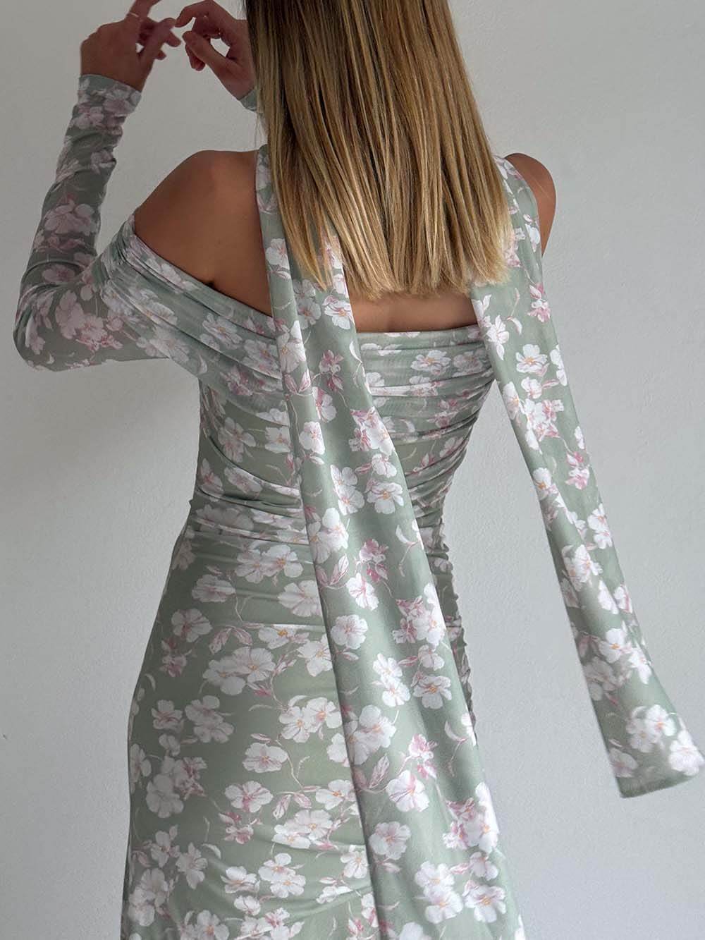 Elegant Floral Print Off-Shoulder Ruched Waist Maxi Dress