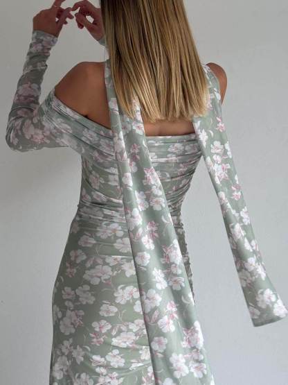 Elegant Floral Print Off-Shoulder Ruched Waist Maxi Dress