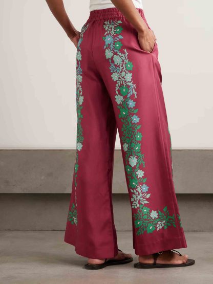 Exquisite Retro Satin Print Wide-Leg Pants