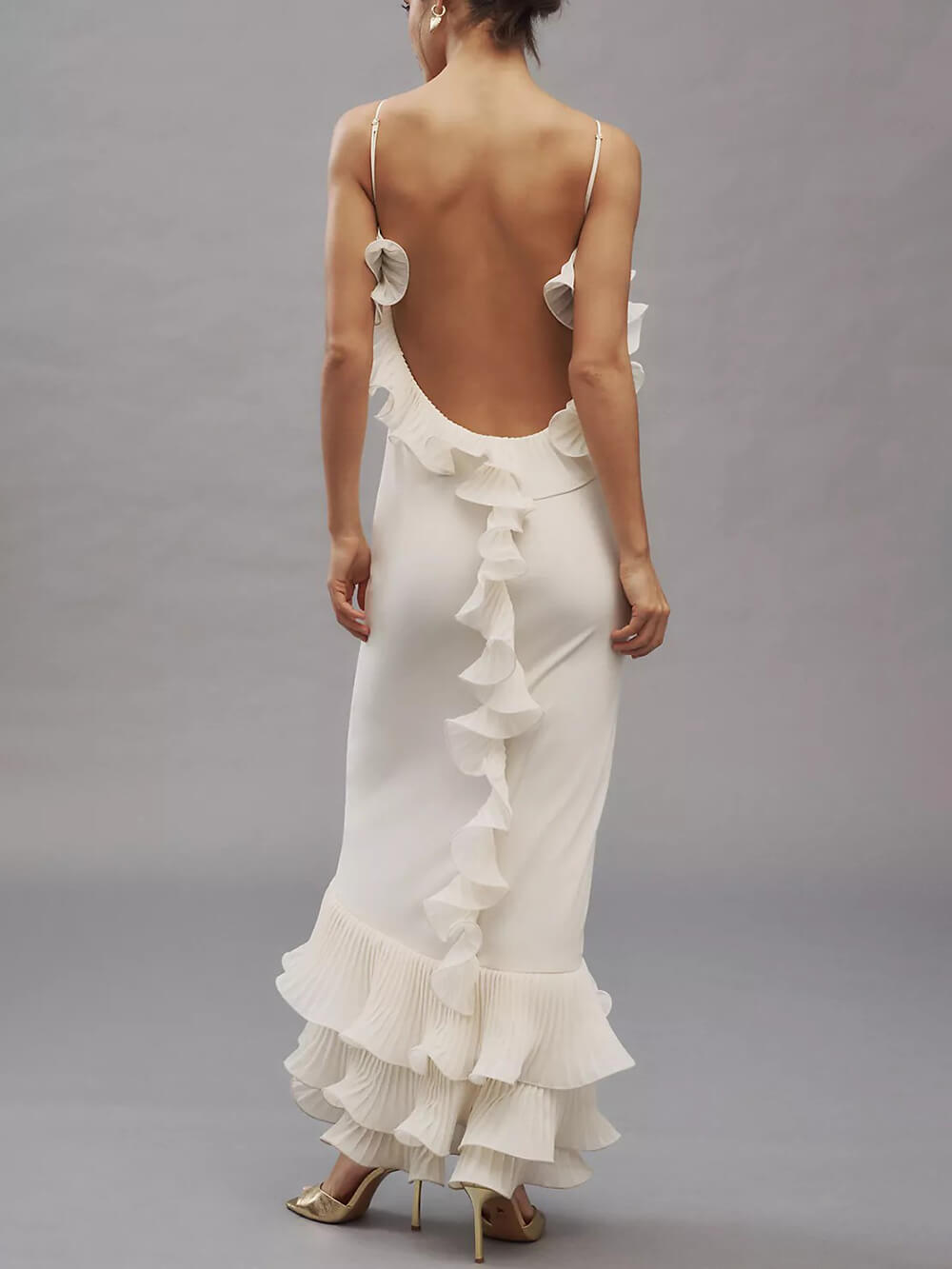 Elegant Pleated Chiffon Ruffle Trim Spaghetti Strap Maxi Dress