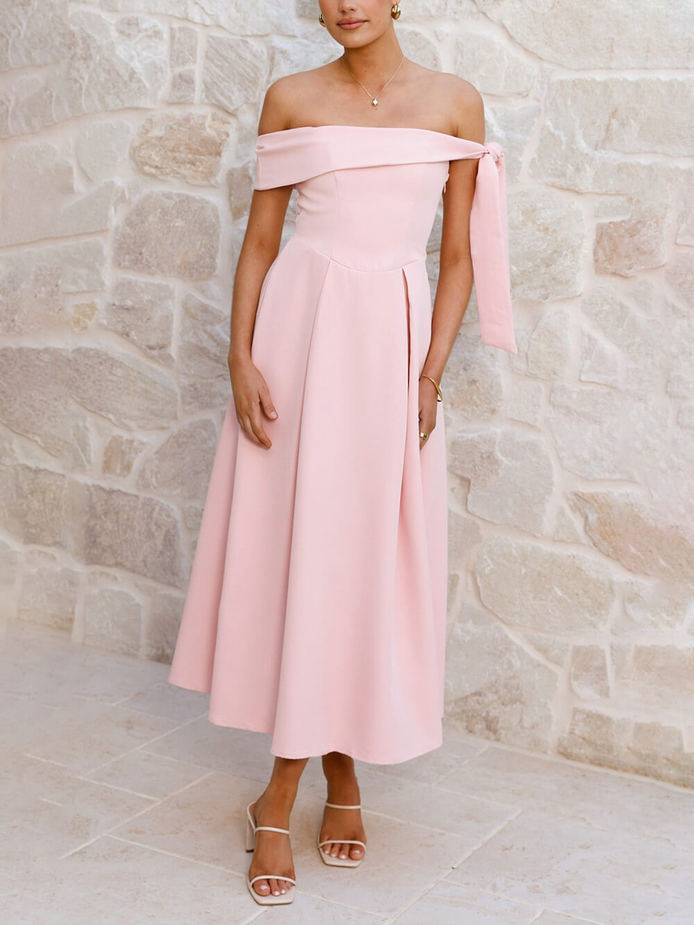 Elegant Off-Shoulder Tie Ruched Midi Dress