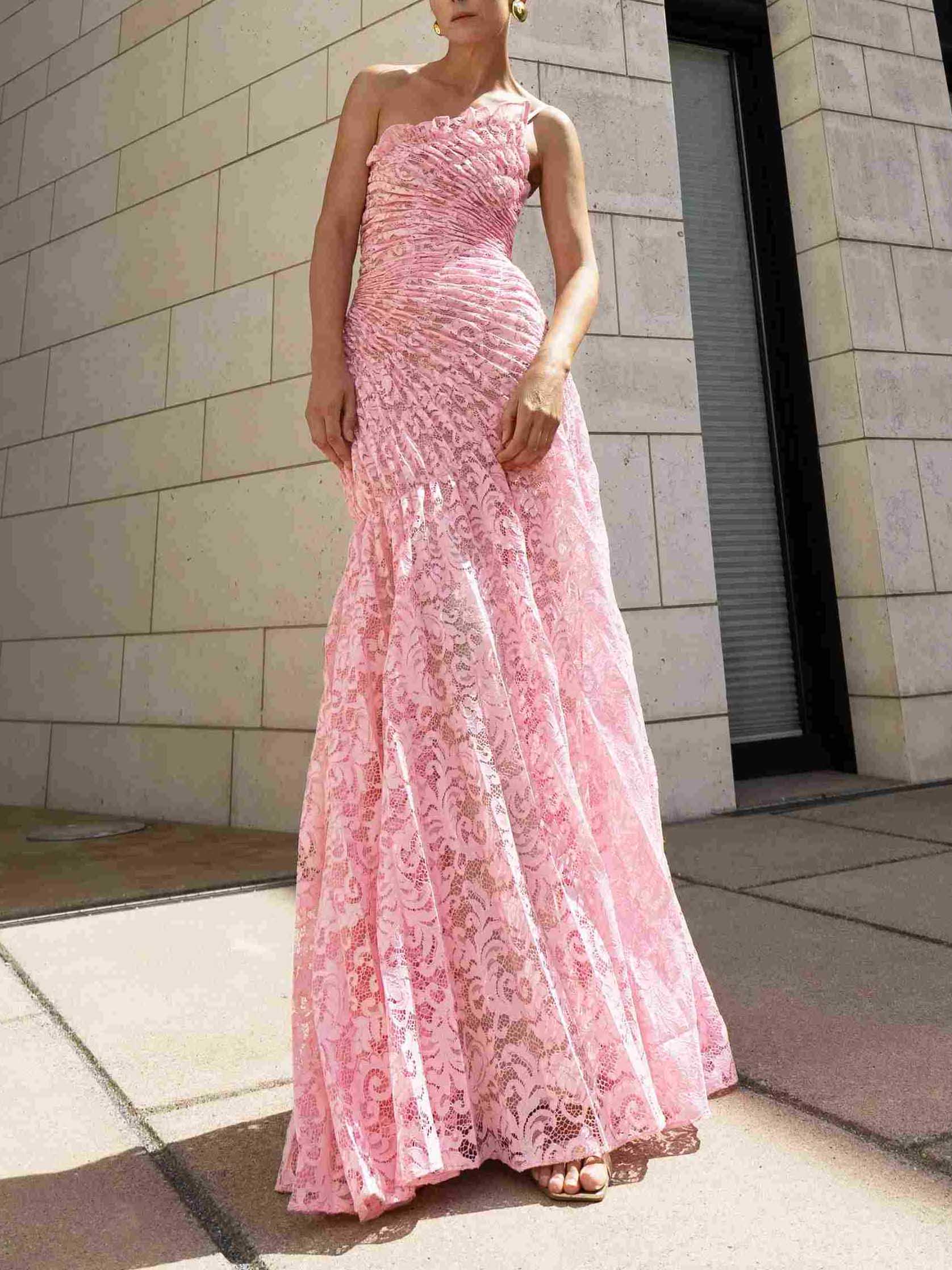 Elegant One-Shoulder Pleated Lace Maxi Dress