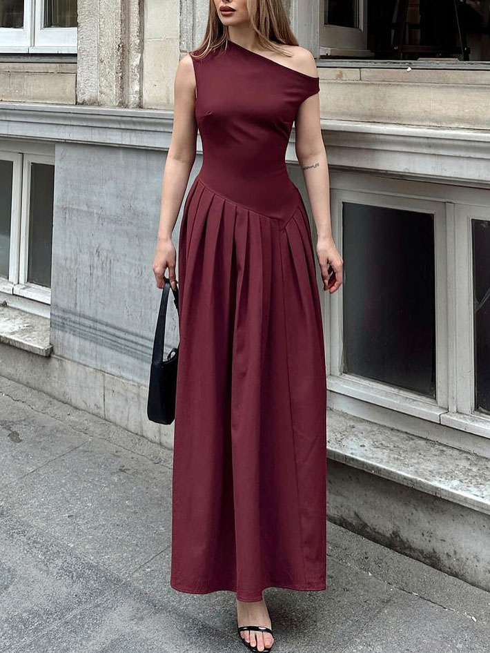 Elegant Off-shoulder Neckline Pleated Maxi Dress