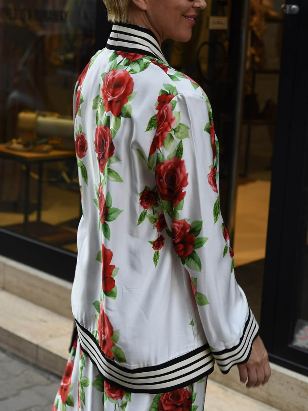 Exquisite Rose Print Ribbon-Trimmed Detail Loose Pocket Shirt