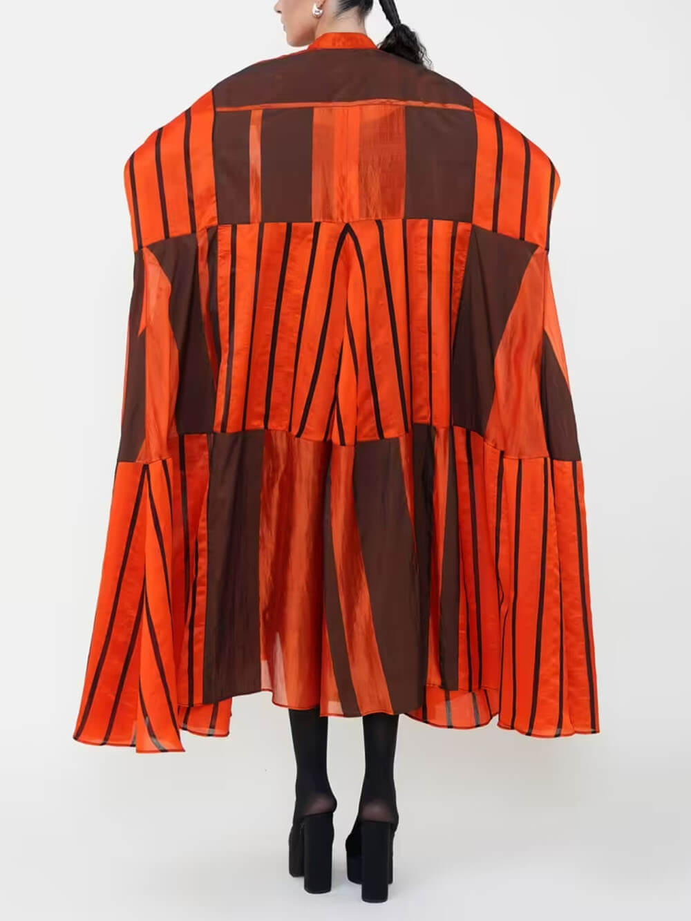 Fashion Striped Patchwork Cape-Style Tie-Up Asymmetric Midi Dress