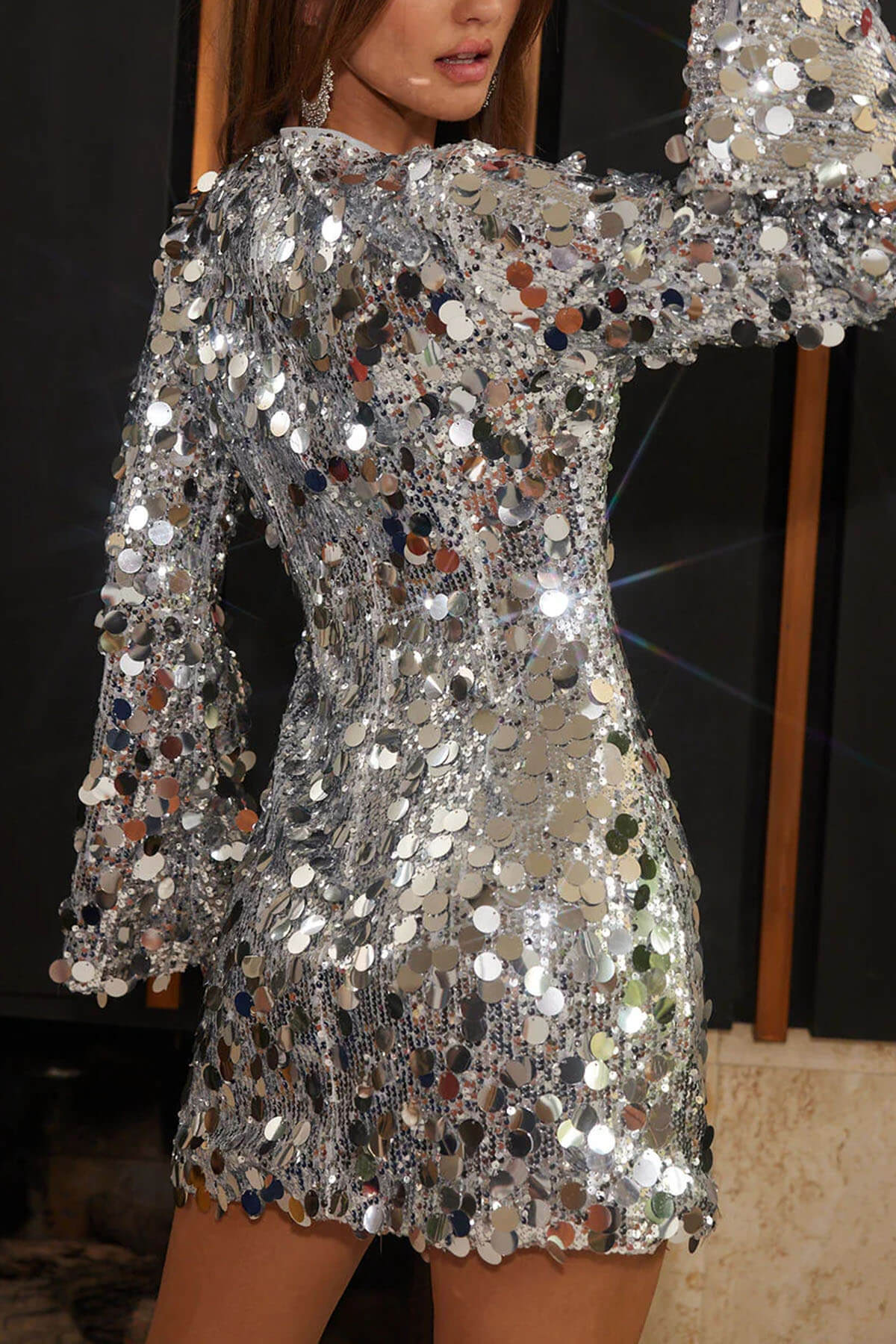 Fashionable Large Sequins Long Bell Sleeve H-line Mini Dress