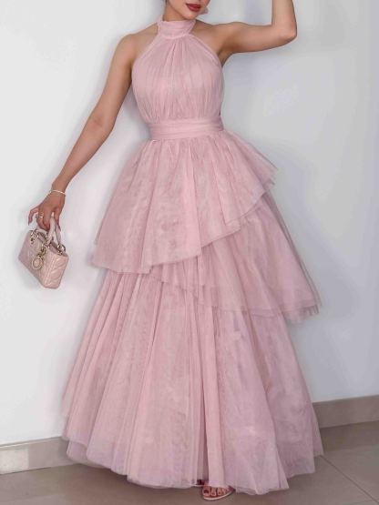 Elegant Backless Tie-Up Layered Tulle Maxi Dress