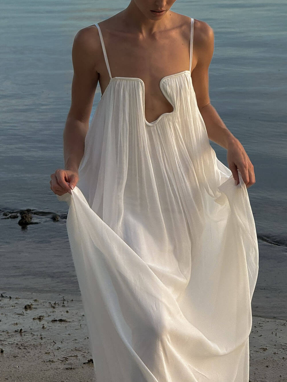 Fashion Flowy Chiffon Plunging Chest Cutout Slip Loose Maxi Dress