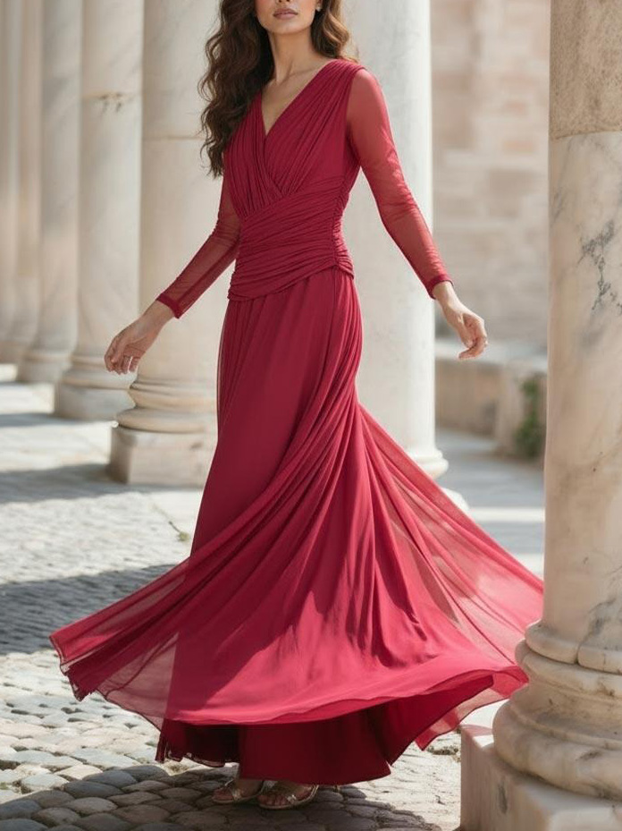 Elegant Long-sleeved Mesh Pleated Maxi Dress