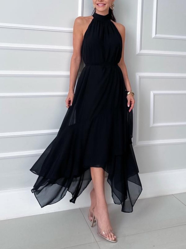 Elegant Backless Asymmetrical Ruffle Hem Chiffon Maxi Dress