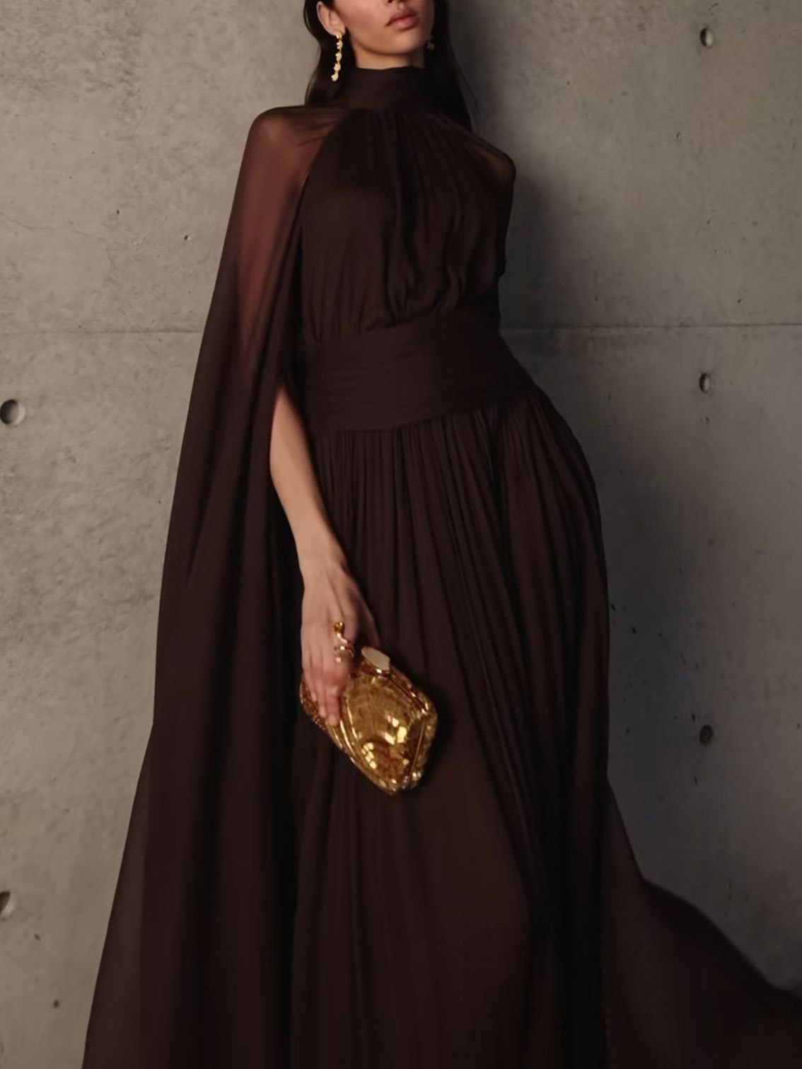 Elegant Draped Cape-style Pleated Maxi Dress