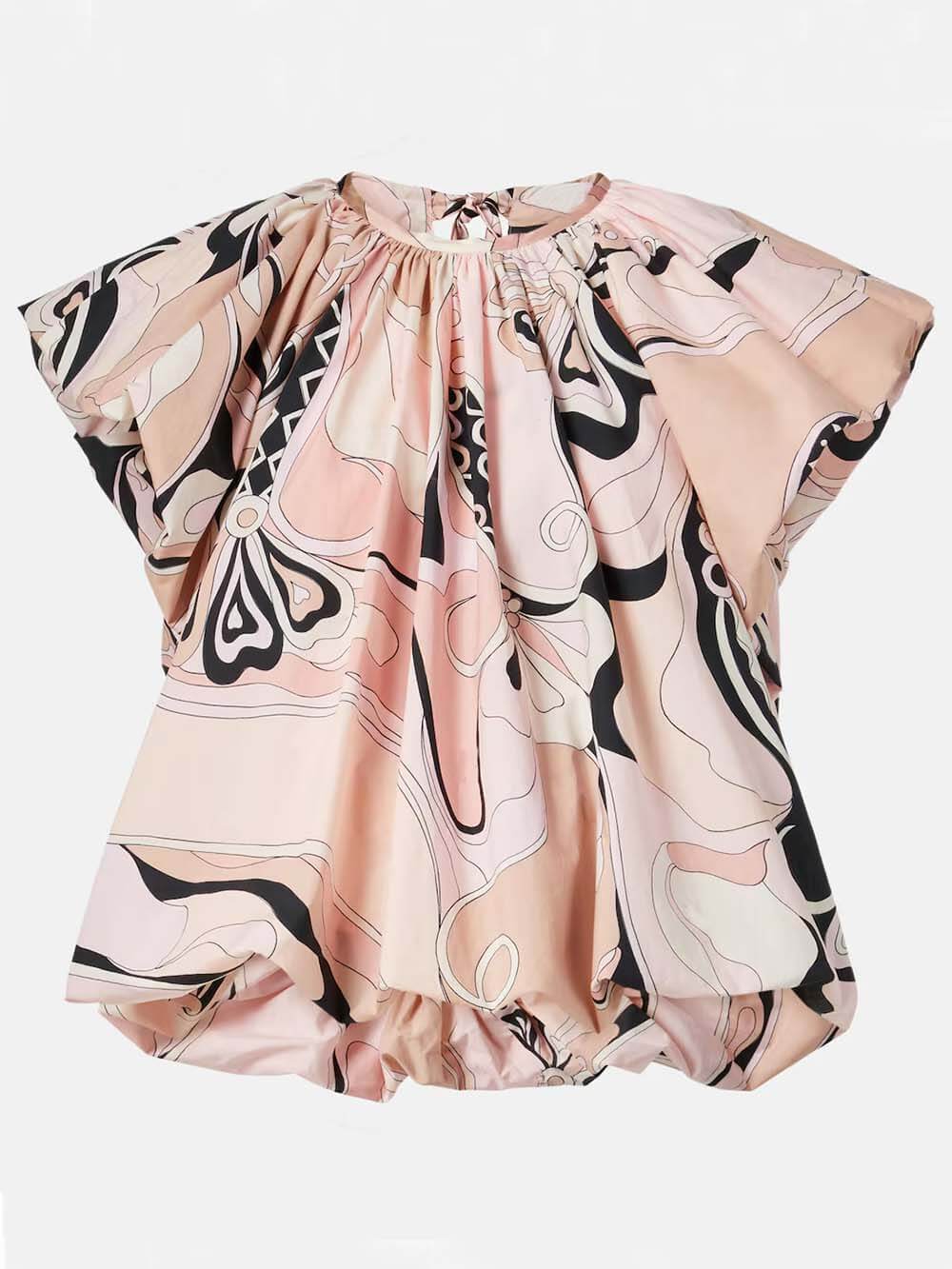Delicate Orchid Print Bell Sleeve Pleated Top