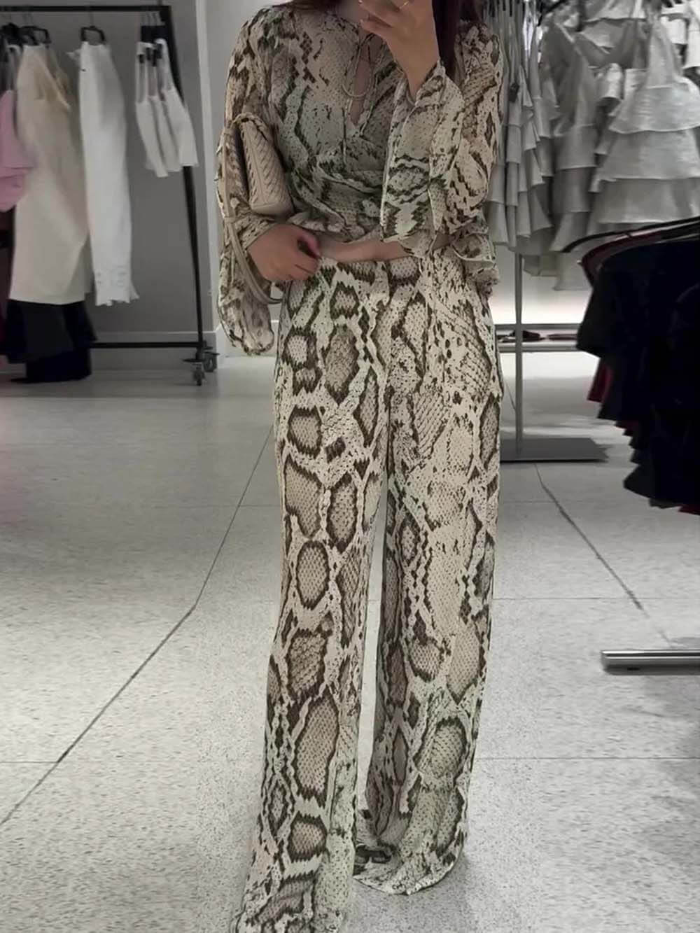 Unique Snake Print Wide-Leg Pants