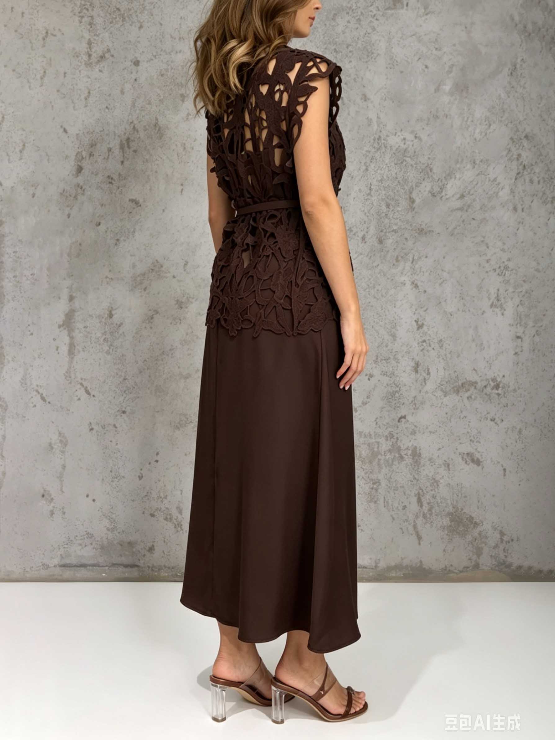 Elegant Cutout Lace Top & Satin Dress Two-Piece Set