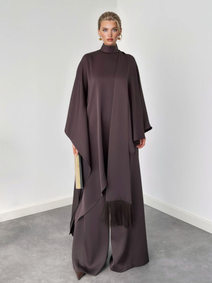 Elegant High-Neck Draped Top And Wide-Leg Pants Set