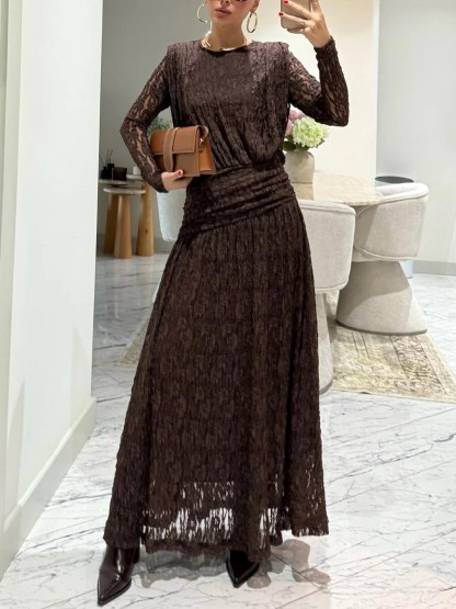 Elegant Long-Sleeve Lace-Textured Maxi Dress