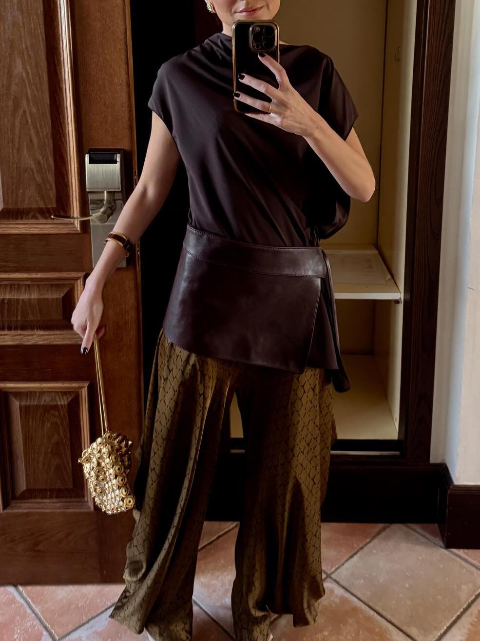 Elegant Asymmetrical Drape Top & Printed Wide-Leg Pants Two-Piece Set