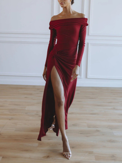 Sexy Off-the-shoulder Ruffled Slit Maxi Dress