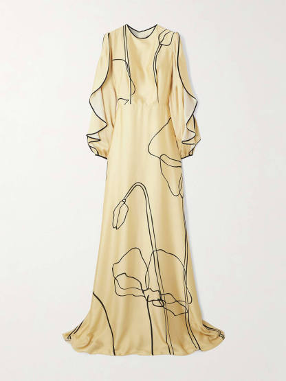 Delicate Ruffled Cutout Floral Print Satin Maxi Dress