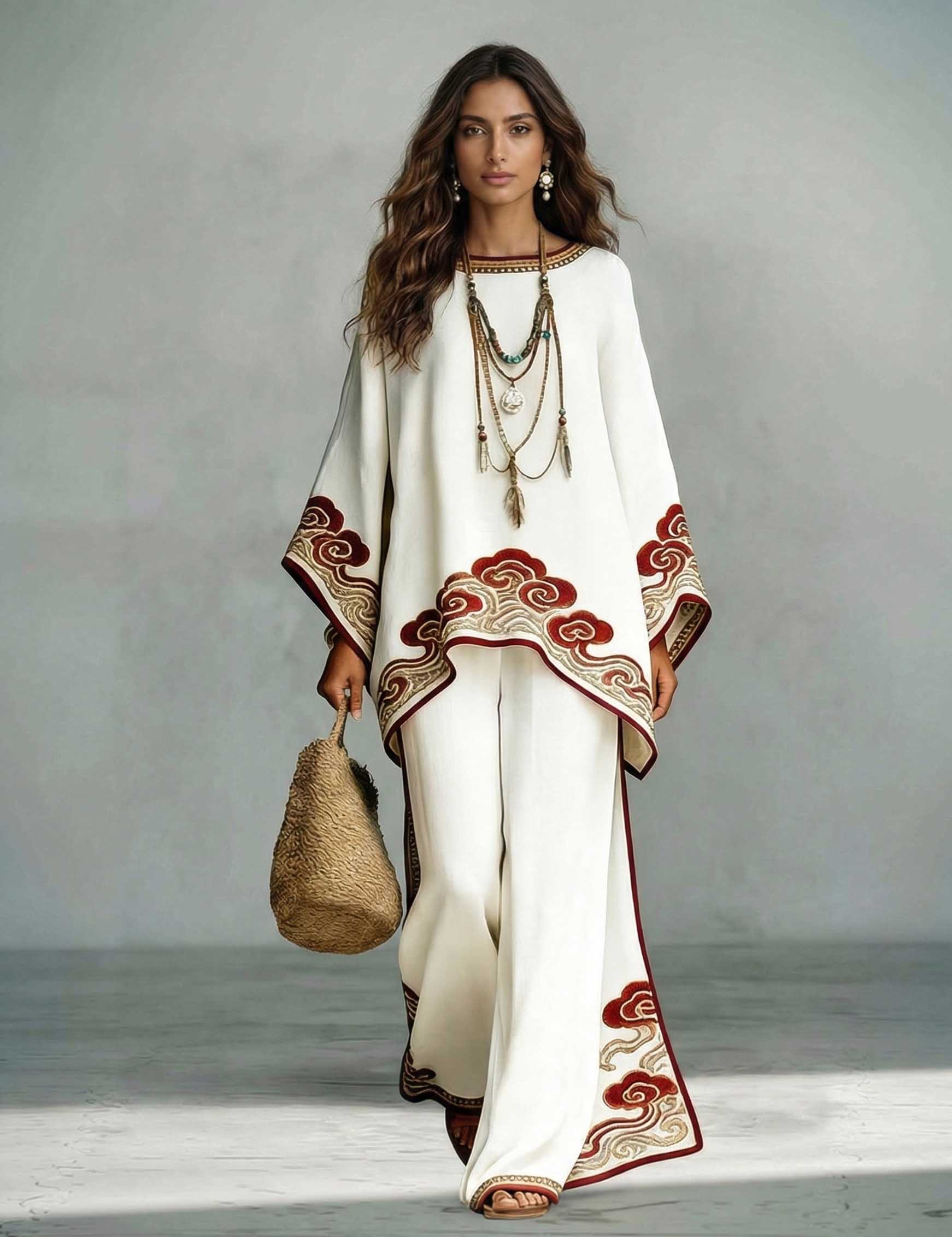 Elegant Satin Cloud Print Loose Kaftan Top & Pants Two-Piece Set