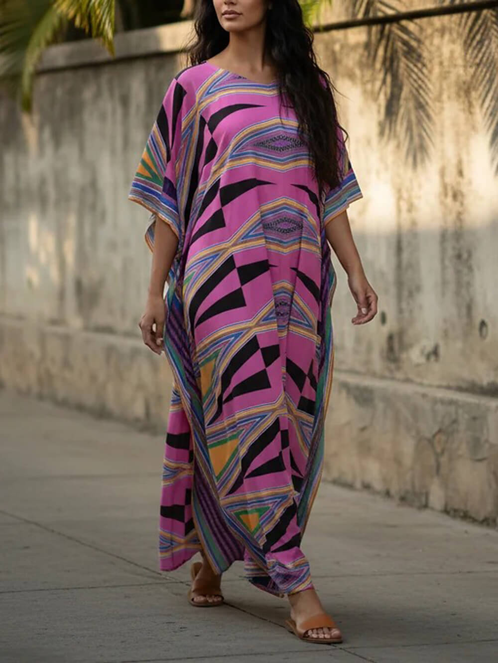 Retro Diamond Print Kimono Kaftan Beachwear Maxi Dress