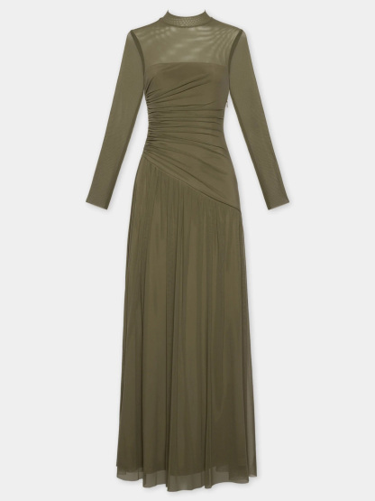 Elegant Pleated Mesh Long-sleeved Maxi Dress