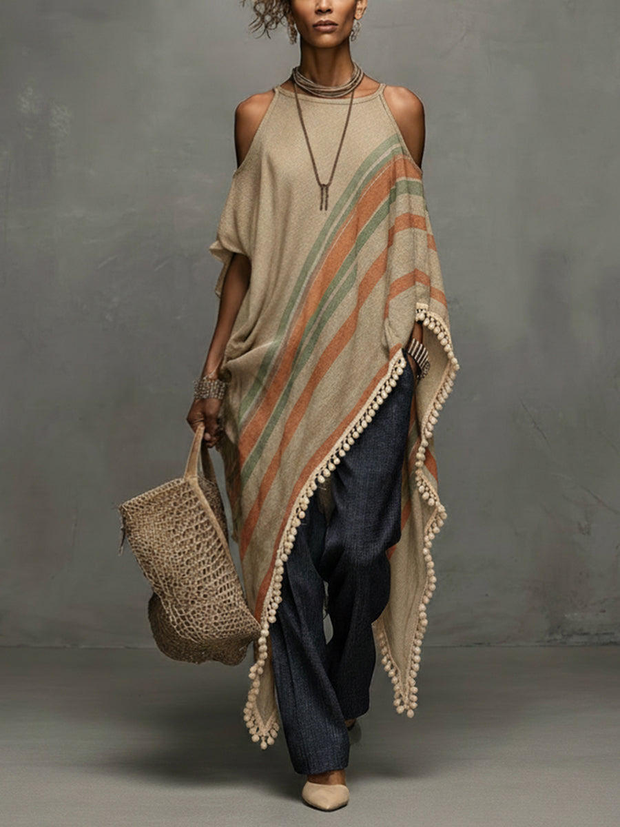 Casual Striped Tassel Asymmetric Shawl Top Two-Piece Set