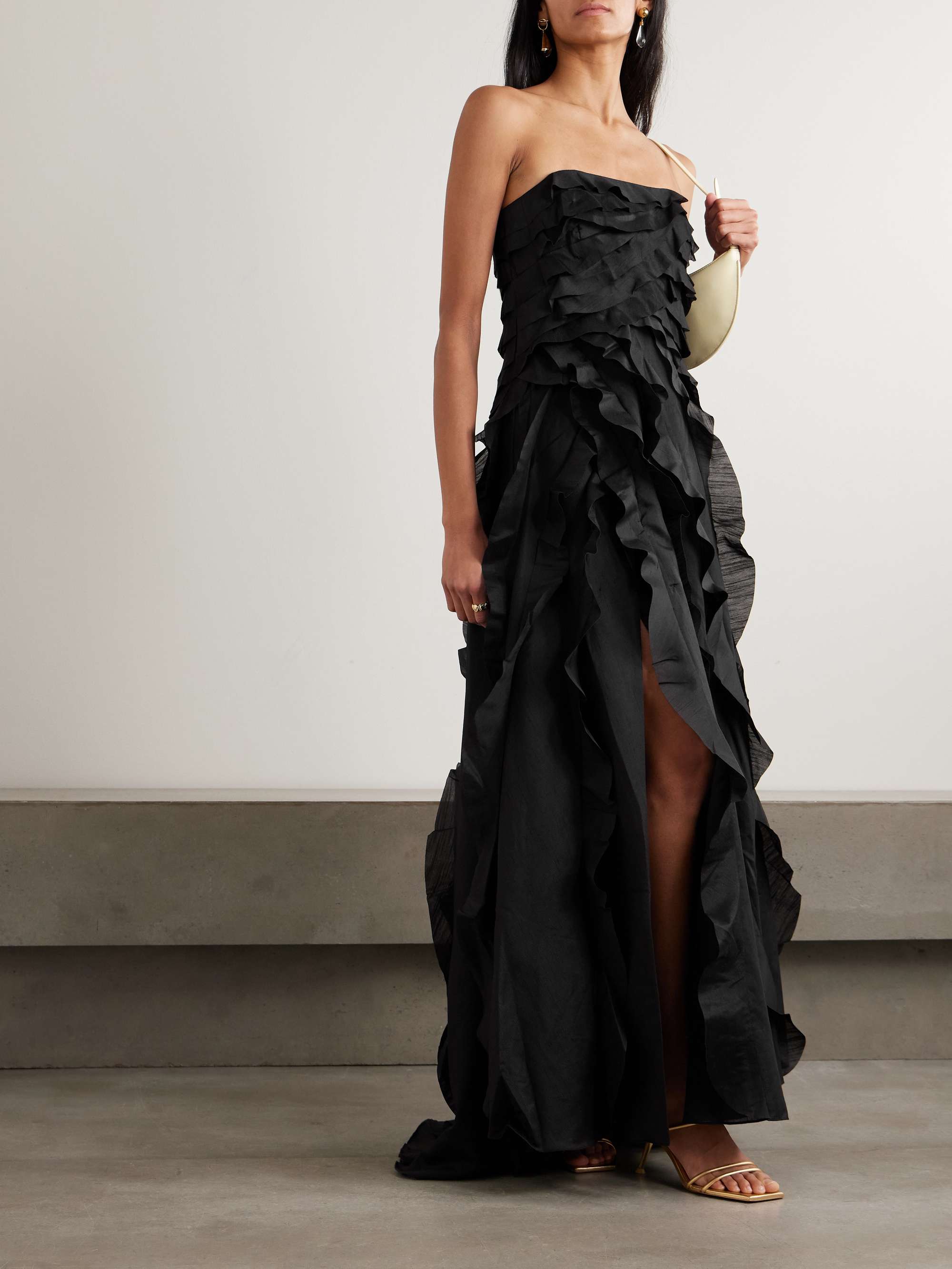 Cascading Ruffle Strapless High Slit Maxi Dress
