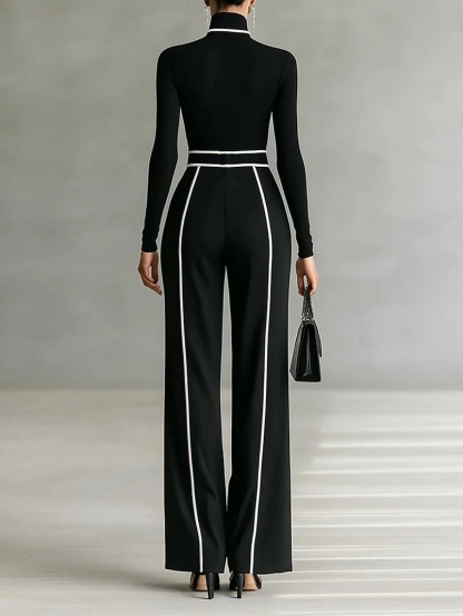 Elegant High Neck Slim Fit Long Sleeve Top Two-Piece Set