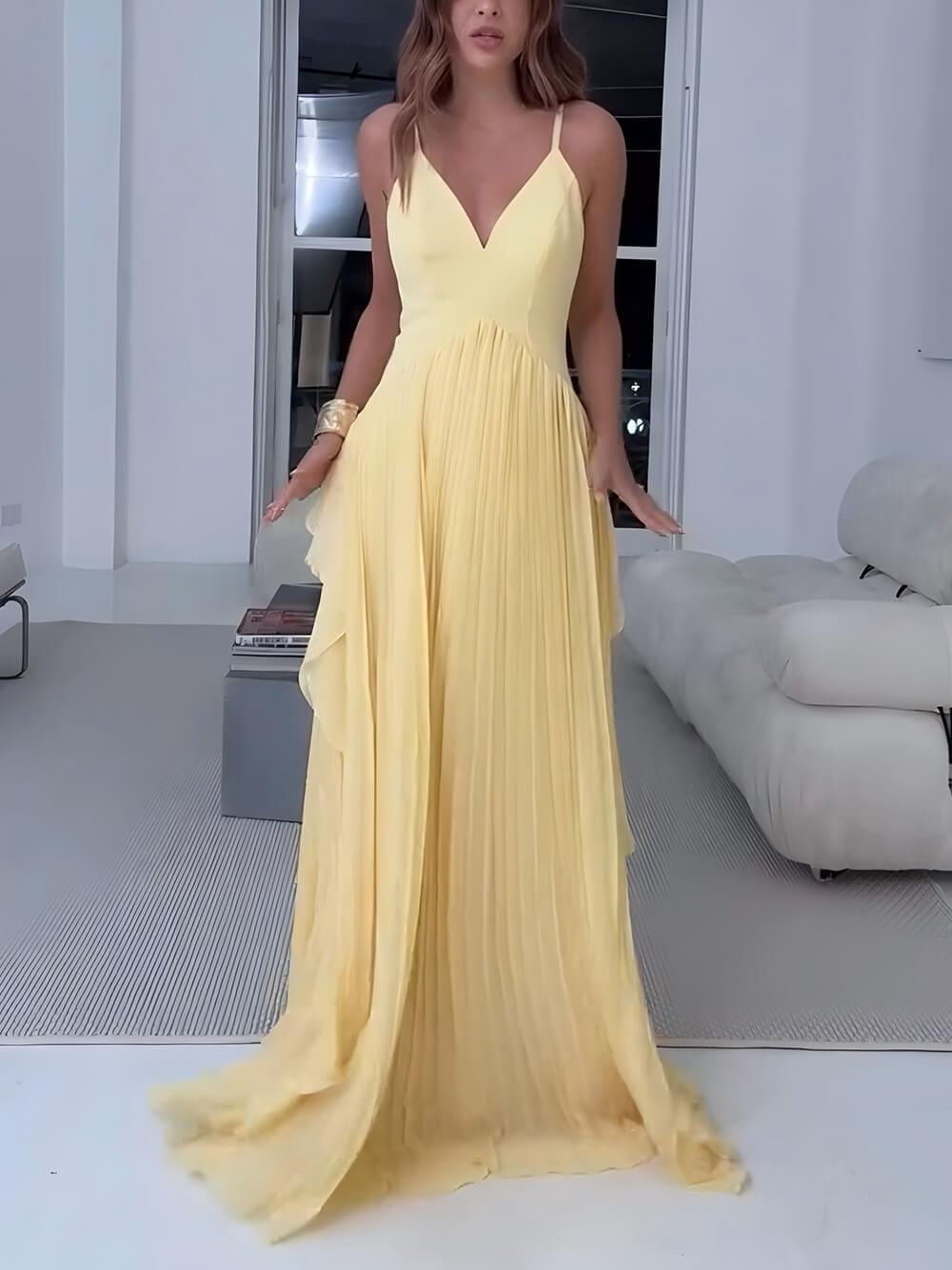 Delicate Yellow Layered Patchwork Ruched Party Maxi Dress