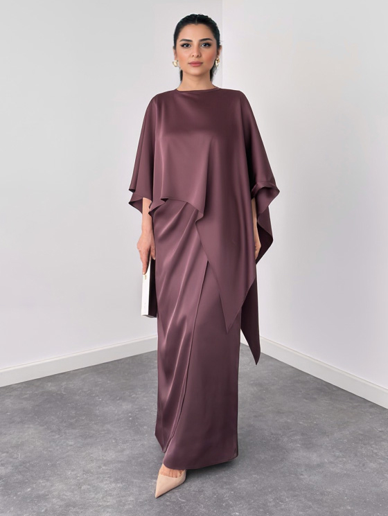 Elegant Satin Cape Sleeve Top & Maxi Skirt Two-Piece Set