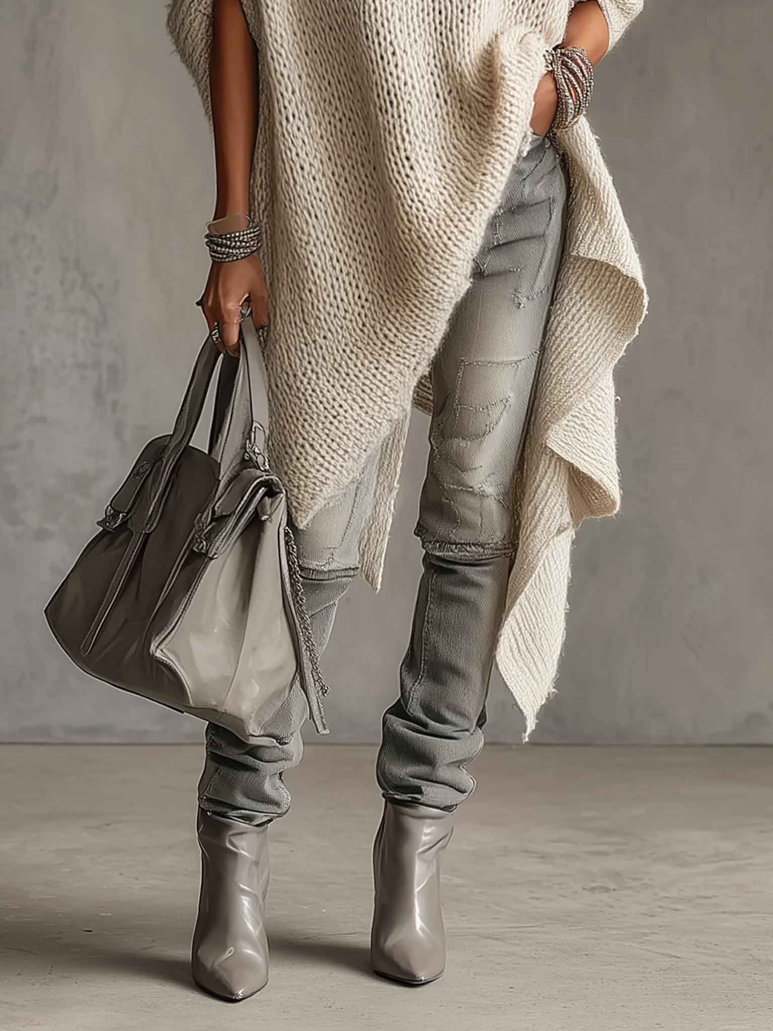 Asymmetrical Hem High-neck Knit Midi Dress